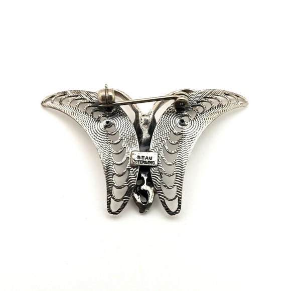 Beau Sterling Silver Flower Center Butterfly Brooch Pin Signed Vintage - Picture 4 of 12